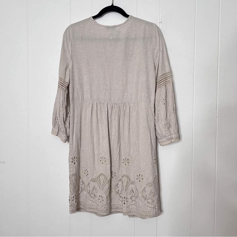 Tommy Bahama St. Lucia Linen Tan Eyelet Mini Dress Coastal Balloon Sleeve Size S - Picture 3 of 10